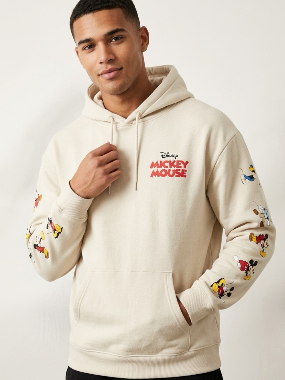Disney Mickey Mouse Hoodie Men’s XL Beige Graphic Pullover Sweatshirt